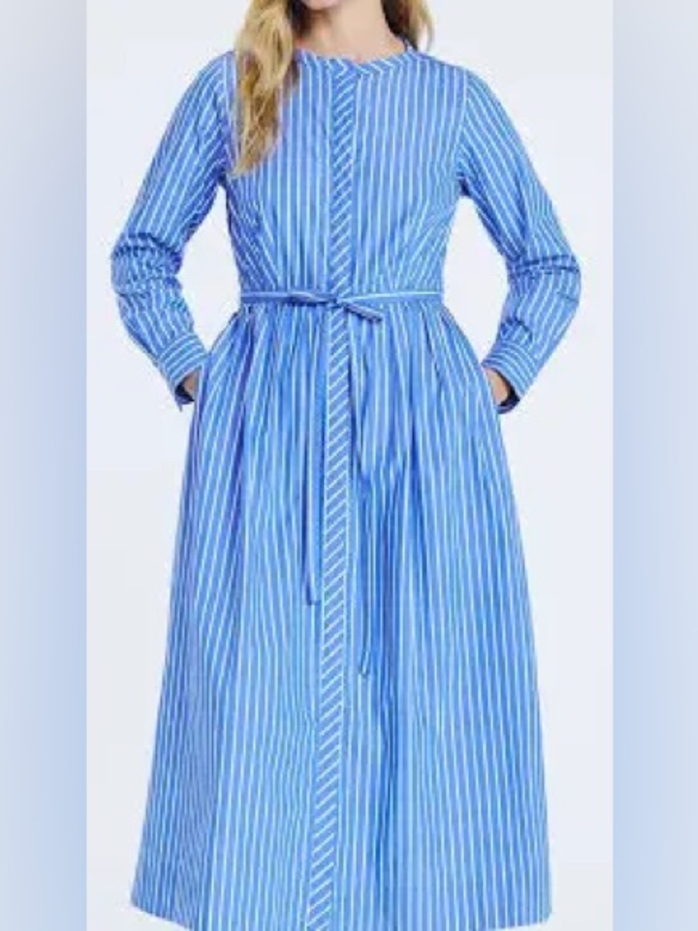 Free Assembly Pleated Belted Midi Shirtdress Long Sleeves Blue White Striped SzM - Picture 6 of 12